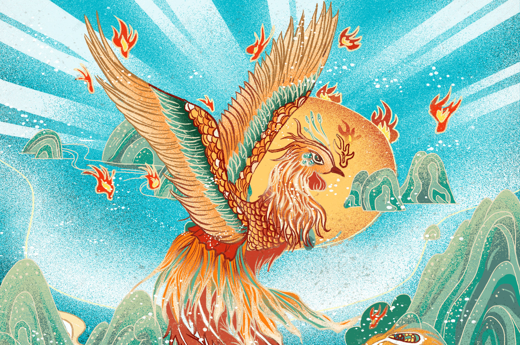 手绘国潮凤凰还巢山水设计