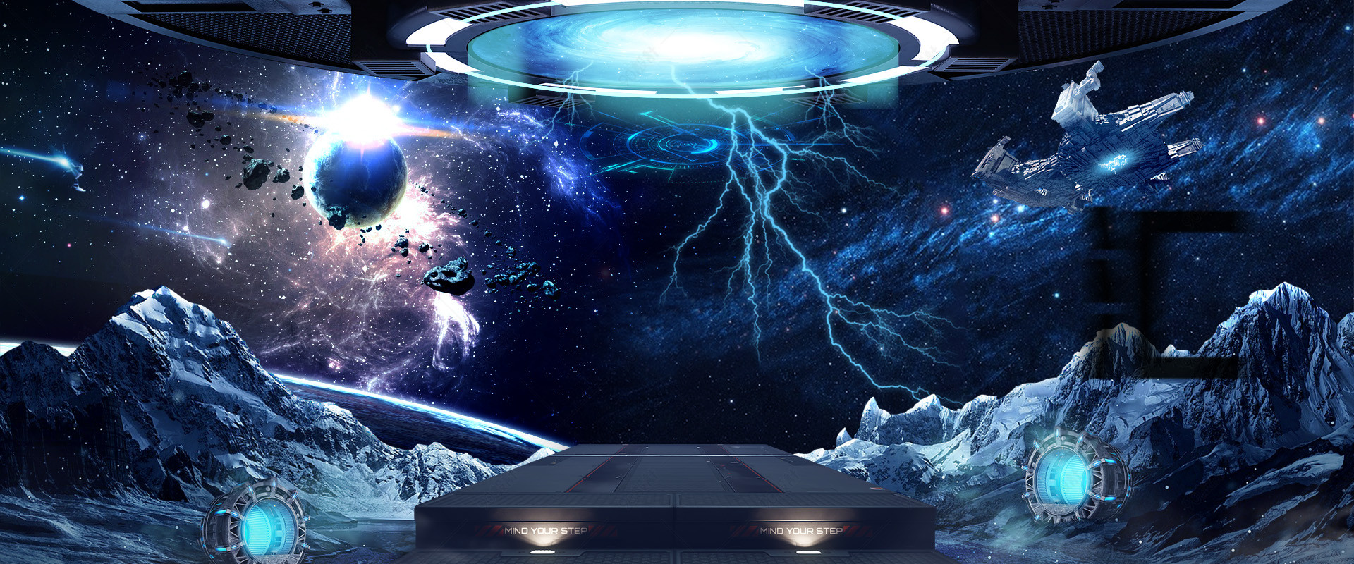 炫酷天空飞船科技电子数码海报背景