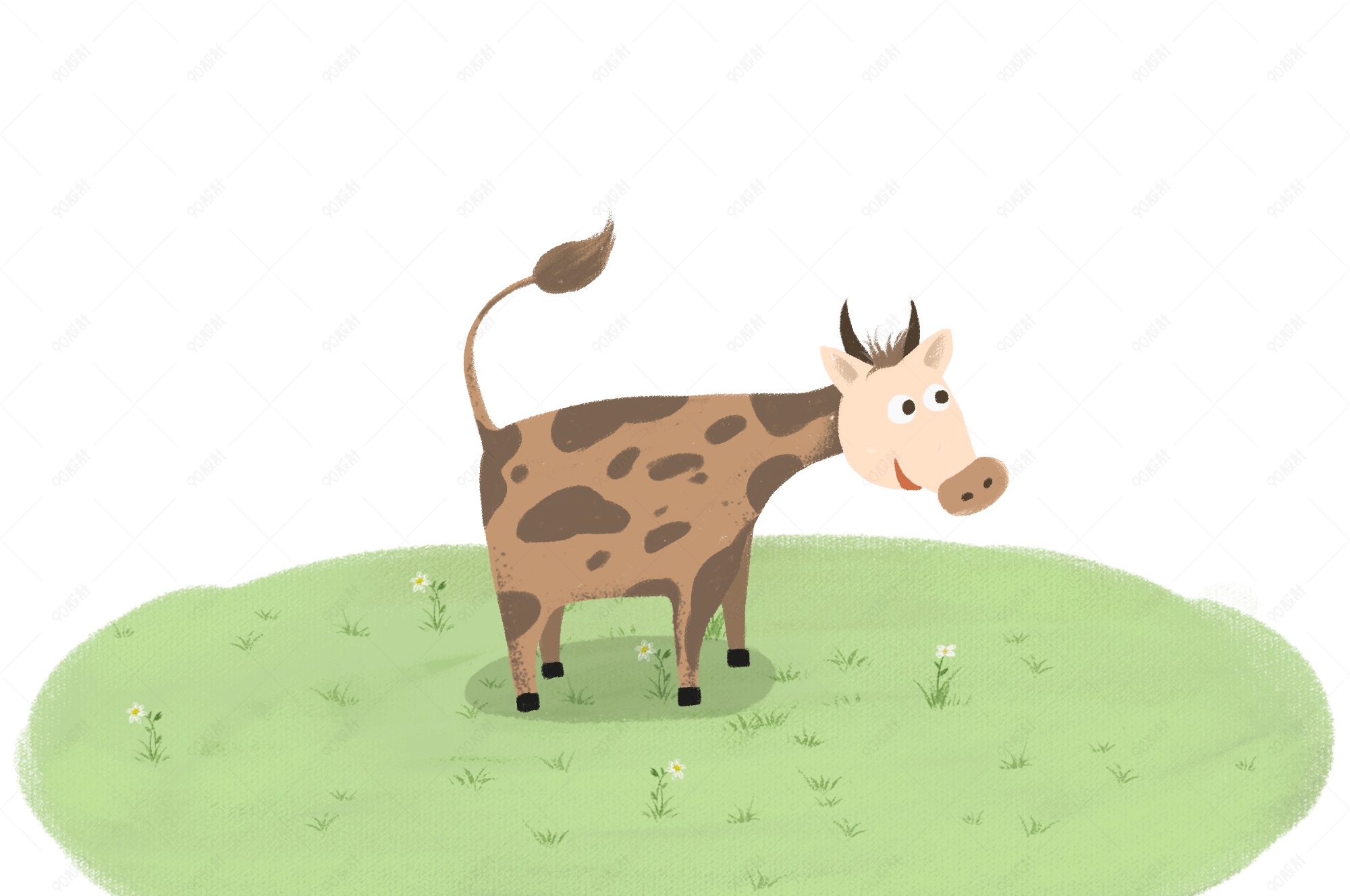 草地花牛卡通动物奶牛手绘png免抠素材