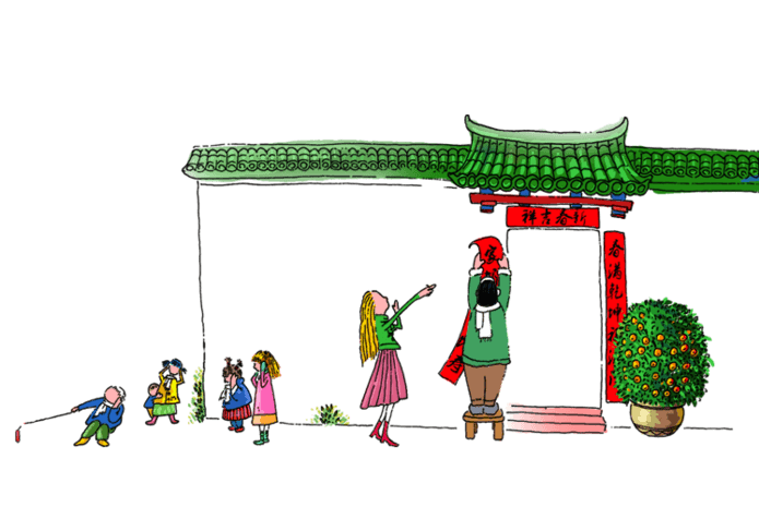 中国风卡通手绘过年贴春联放鞭炮