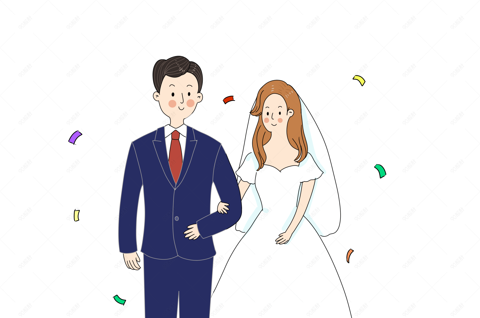 手绘西式结婚新人卡通人物