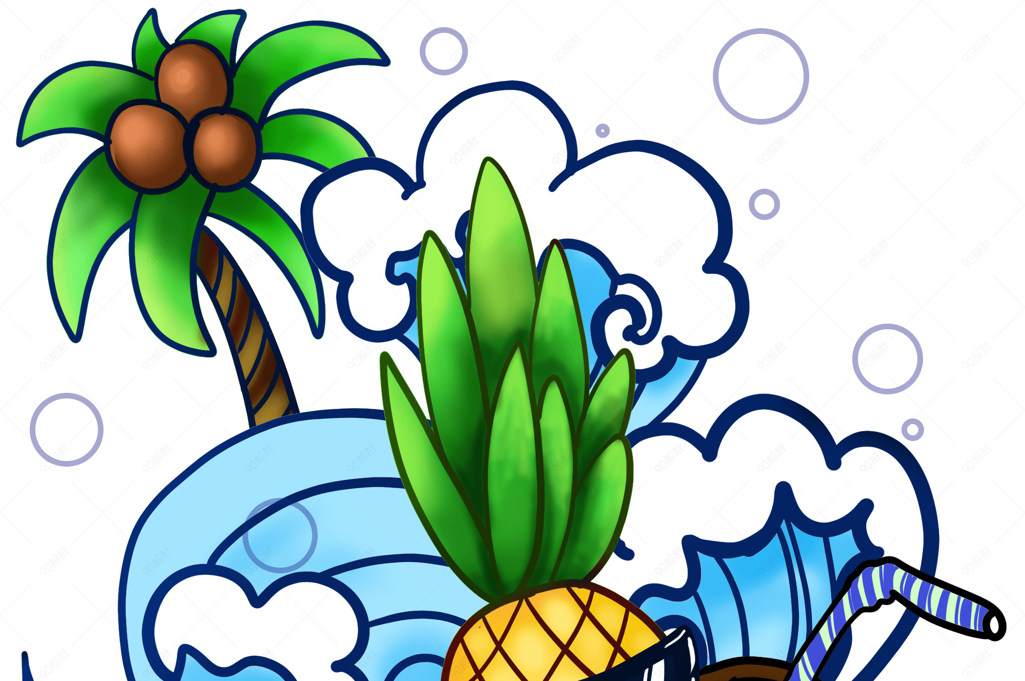 狂暑季处暑海边元素菠萝椰子海星浪花