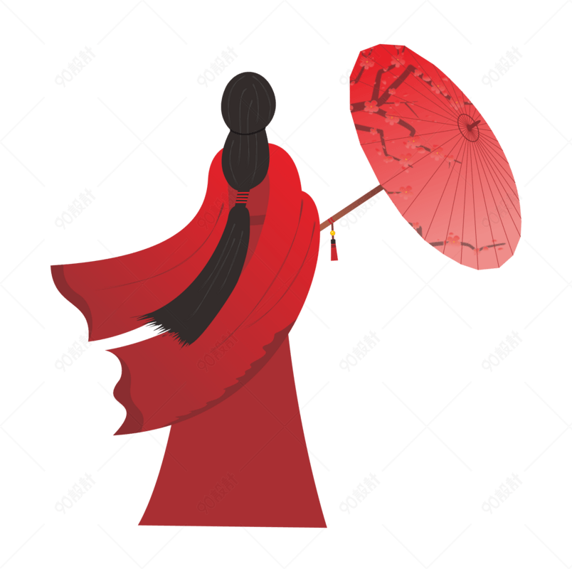 古风美女背影红衣少女油纸伞