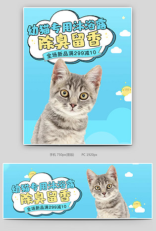 可爱小清新蓝色调宠物沐浴露促销全屏海报