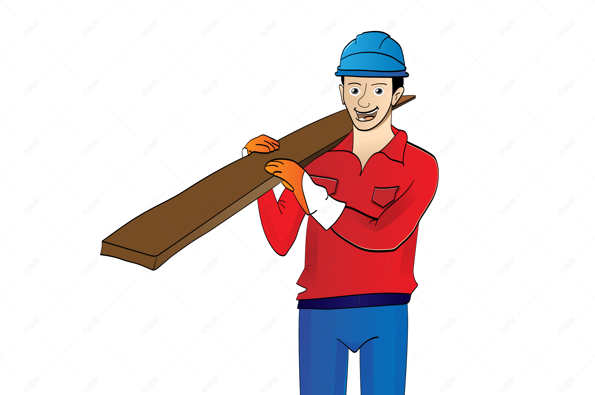 劳动红色卡通手绘抬木头的工人png
