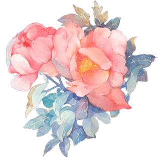 手绘水彩花簇花团粉色花朵蓝叶