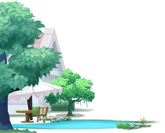 卡通树木动漫立体房子树木院子蓝色房子