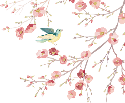 古风手绘蓝色小鸟嬉戏的桃花枝丫