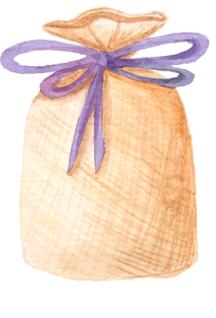 素描手绘系着紫色蝴蝶结的棕黄色小布袋