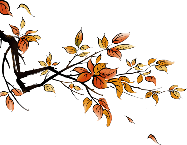手绘秋天落叶飘飞的枝头