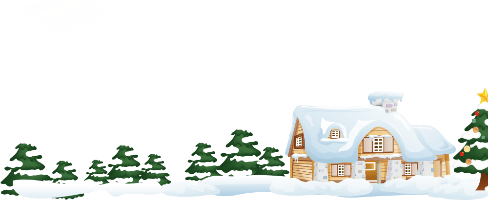 卡通绘制的落满积雪的小屋和围绕它的雪松林