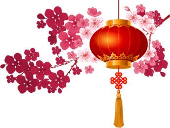 粉红底桃花背景装饰的新年红灯笼