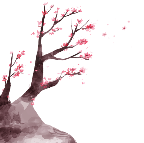 卡通手绘桃树枝桃花元素pngpsd2000*2000卡通国潮装饰植物插画樱桃树