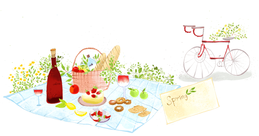 手绘清新野餐垫上的美食