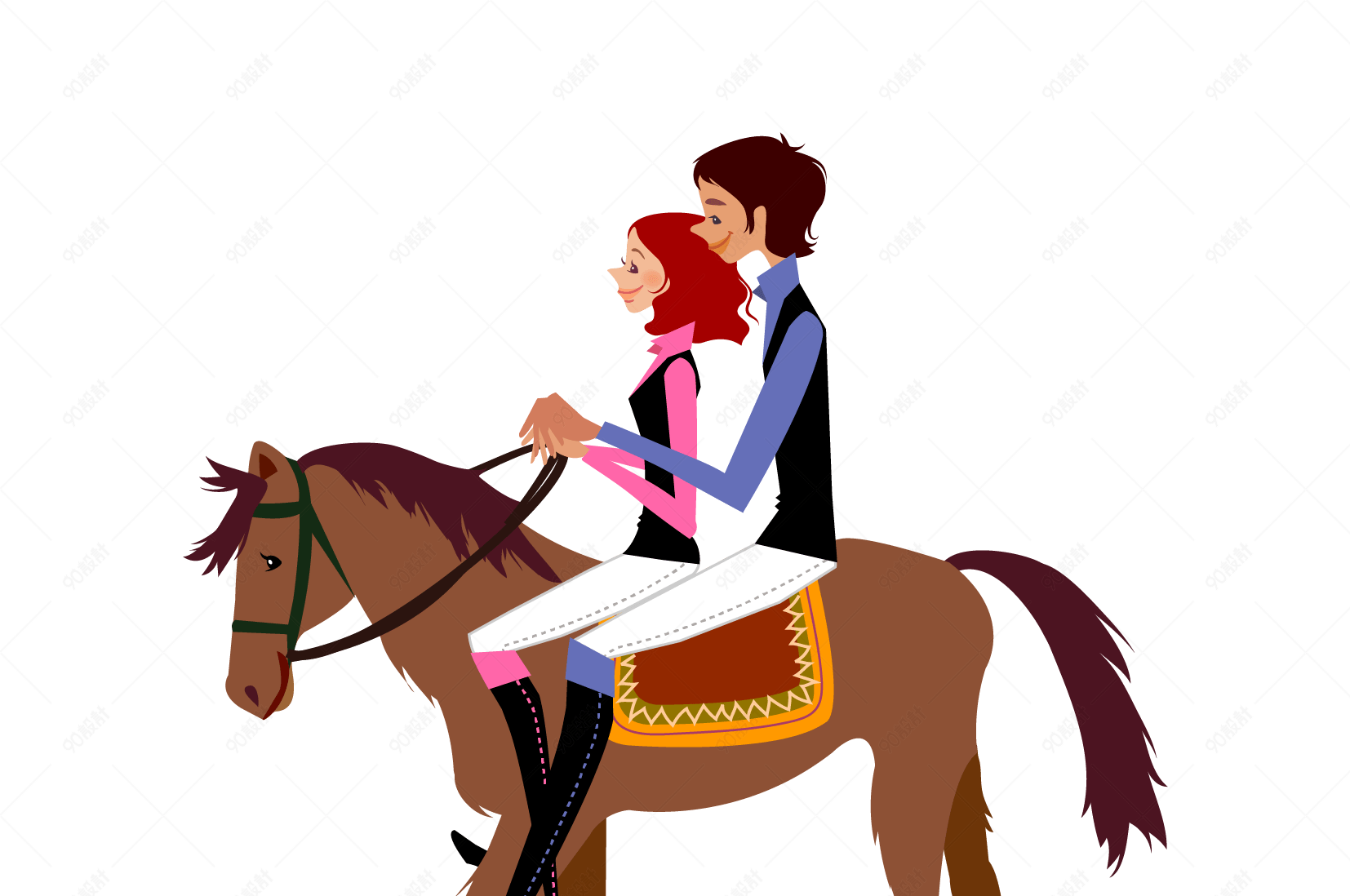手绘简约骑马的情侣