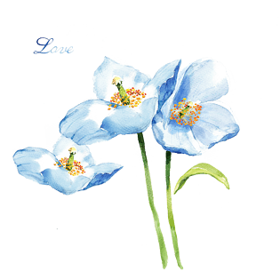 蓝色百合水墨花朵插画