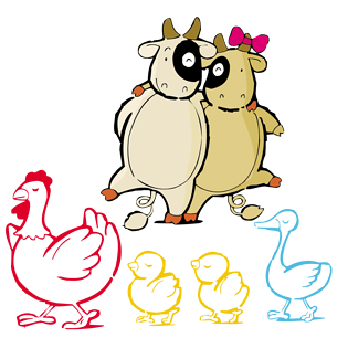 卡通牛与鸡妈妈和鸡宝宝