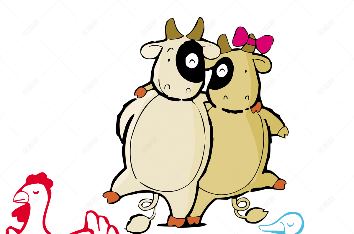 卡通牛与鸡妈妈和鸡宝宝