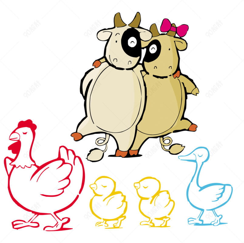 卡通牛与鸡妈妈和鸡宝宝
