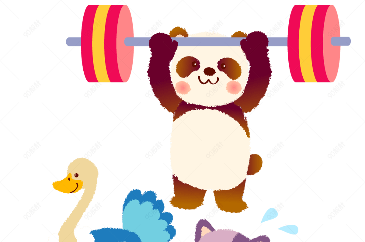 卡通举重的熊猫和赛跑的鸵鸟小猫