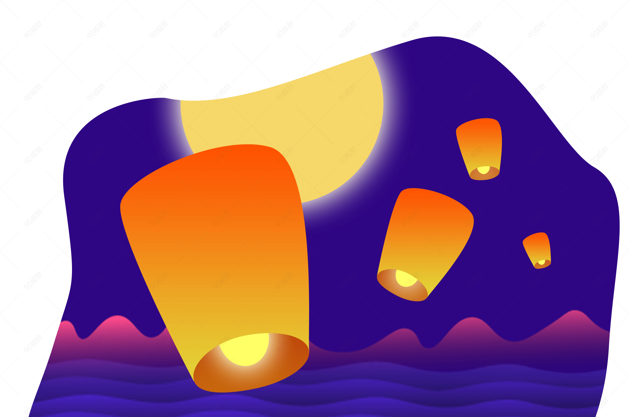 清新简约时尚中秋孔明灯插画