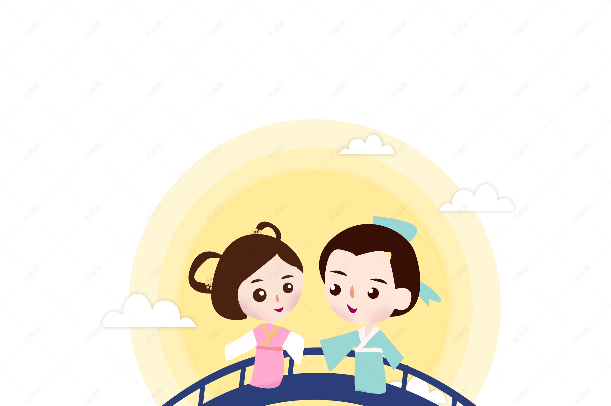 七夕节牛郎织女鹊桥相会卡通手绘元素
