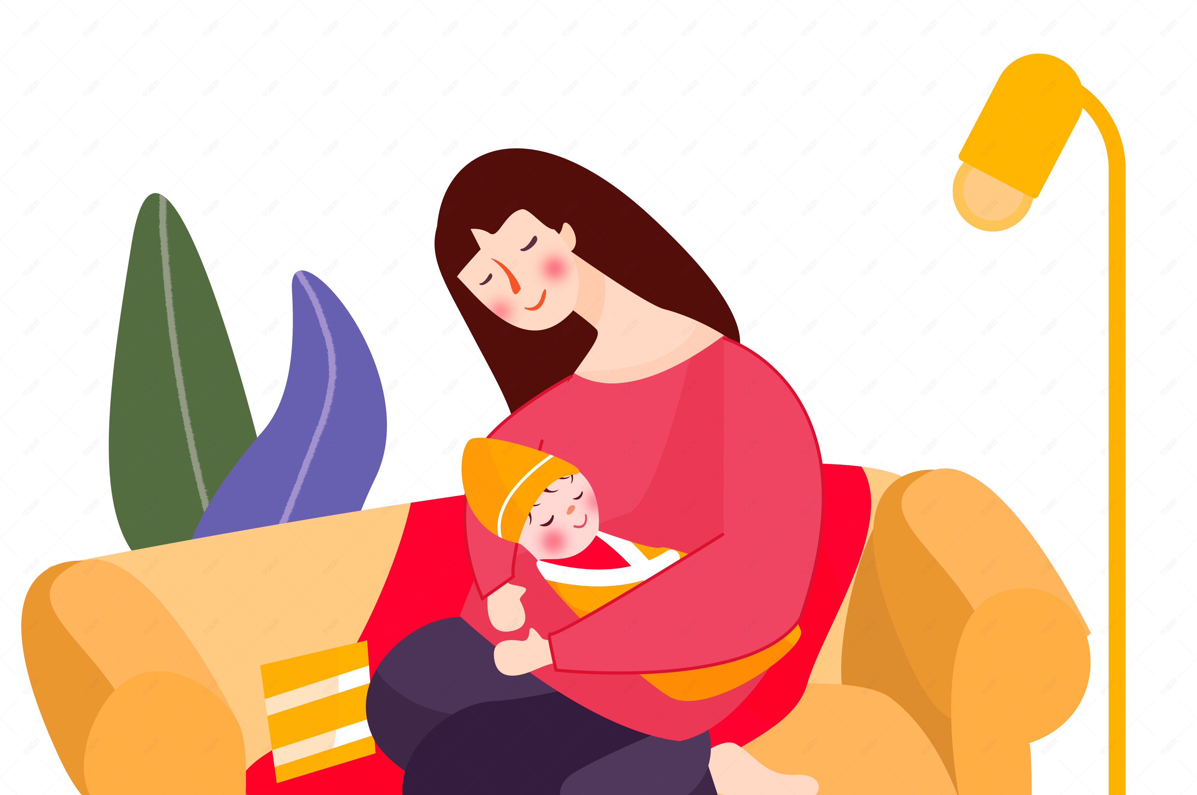 母亲节妈妈抱着襁褓婴儿坐在沙发上