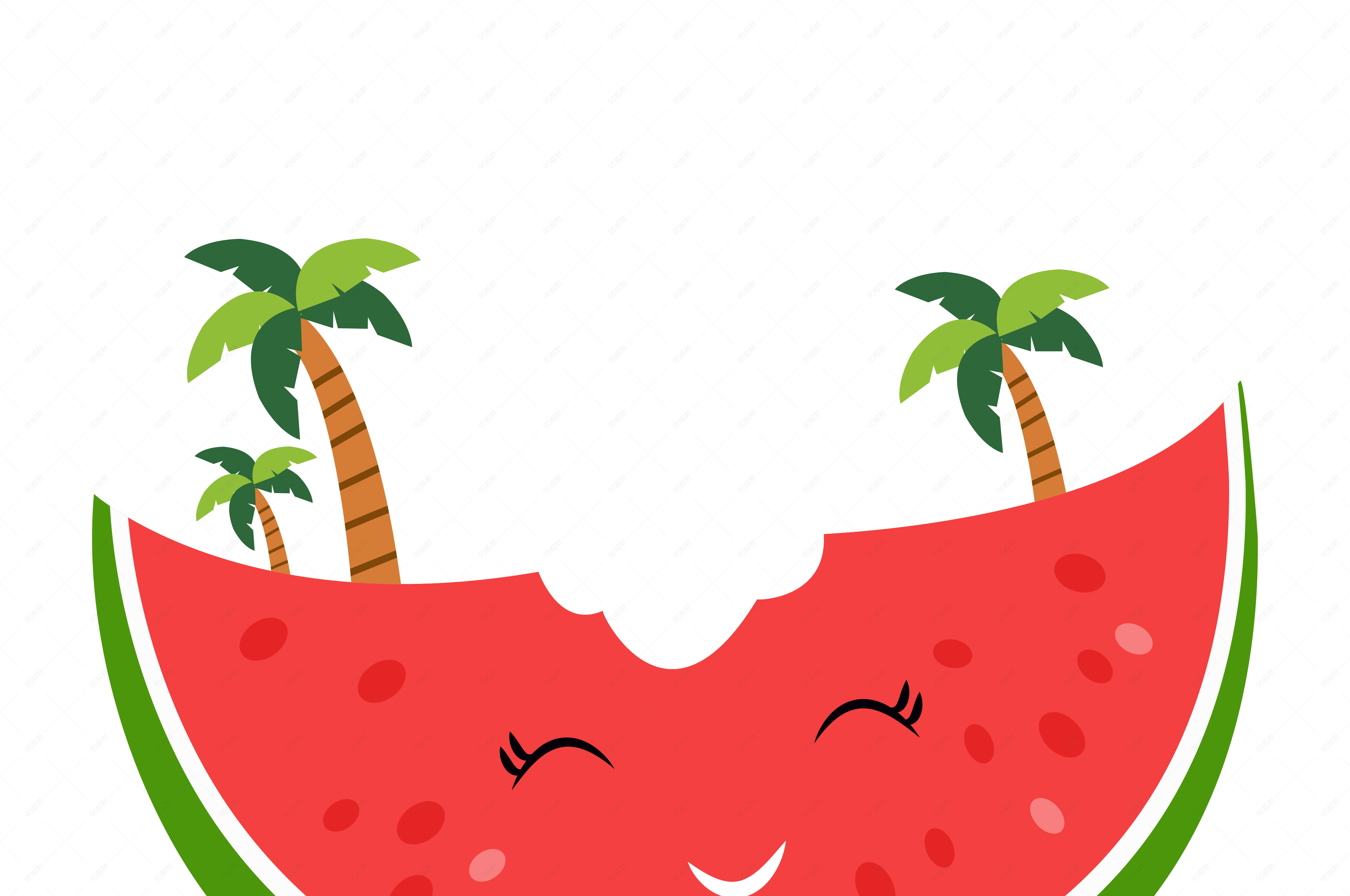 手绘大暑拟人化西瓜和椰子树元素设计