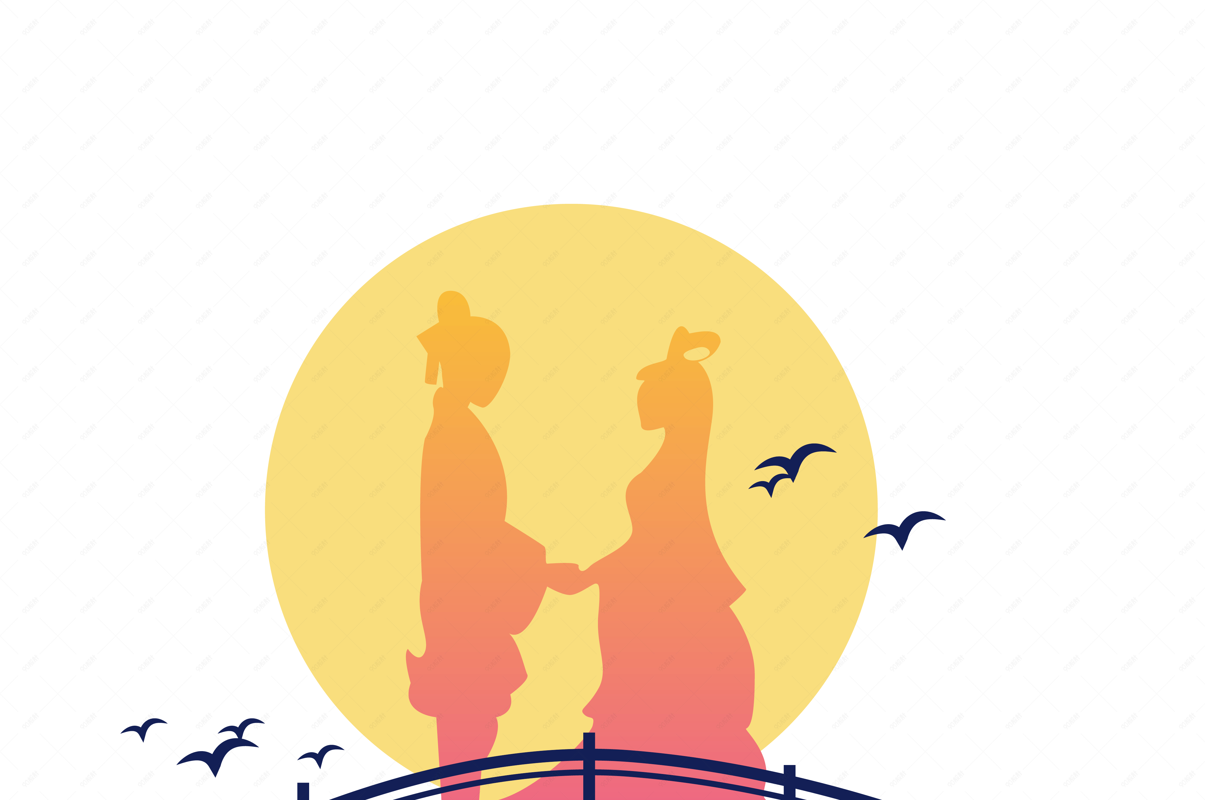 七夕站在鹊桥上的牛郎织女人物剪影元素设计
