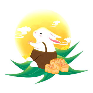 手绘中秋节坐在月亮下吃月饼的可爱兔子元素