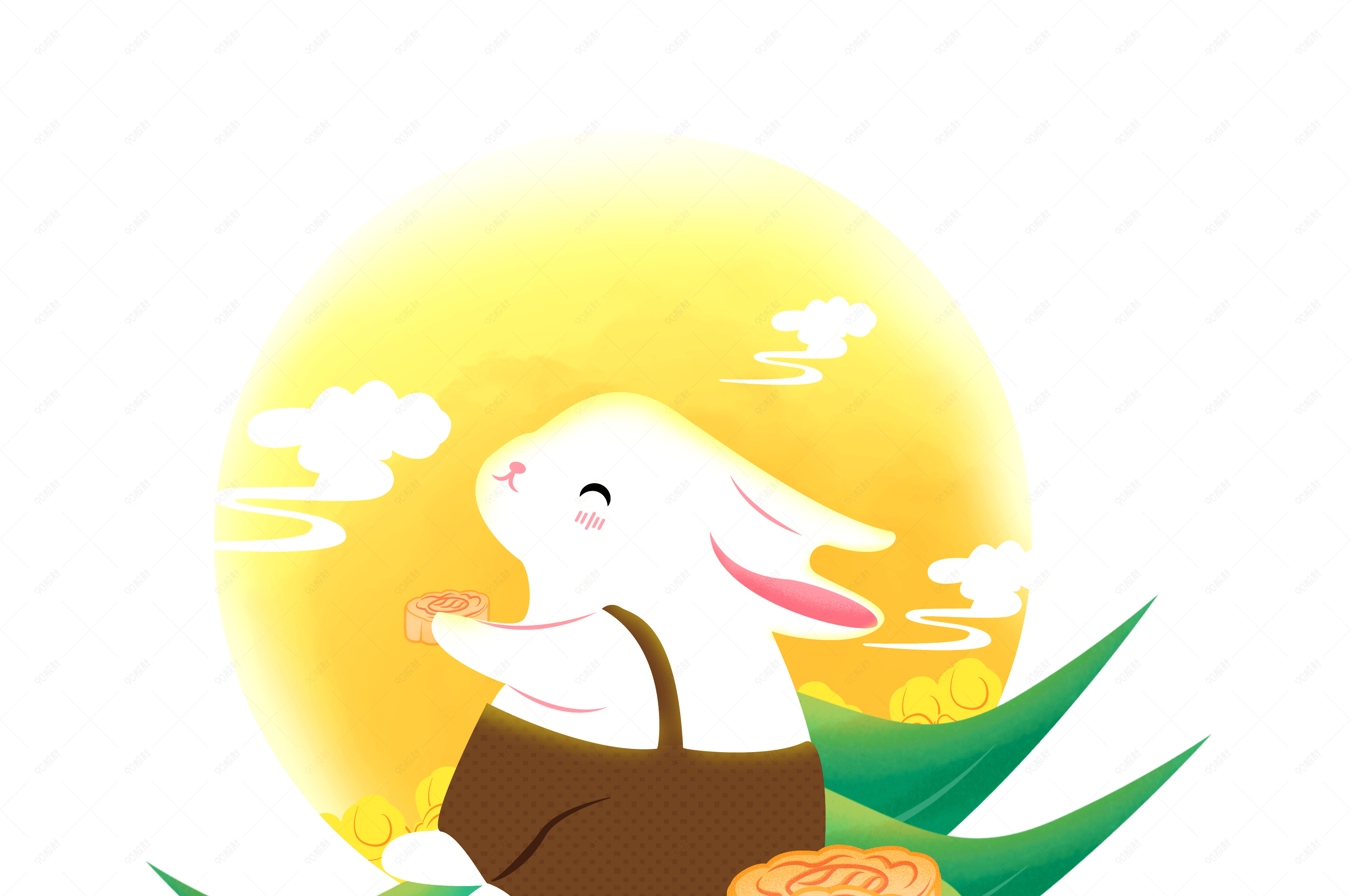 手绘中秋节坐在月亮下吃月饼的可爱兔子元素