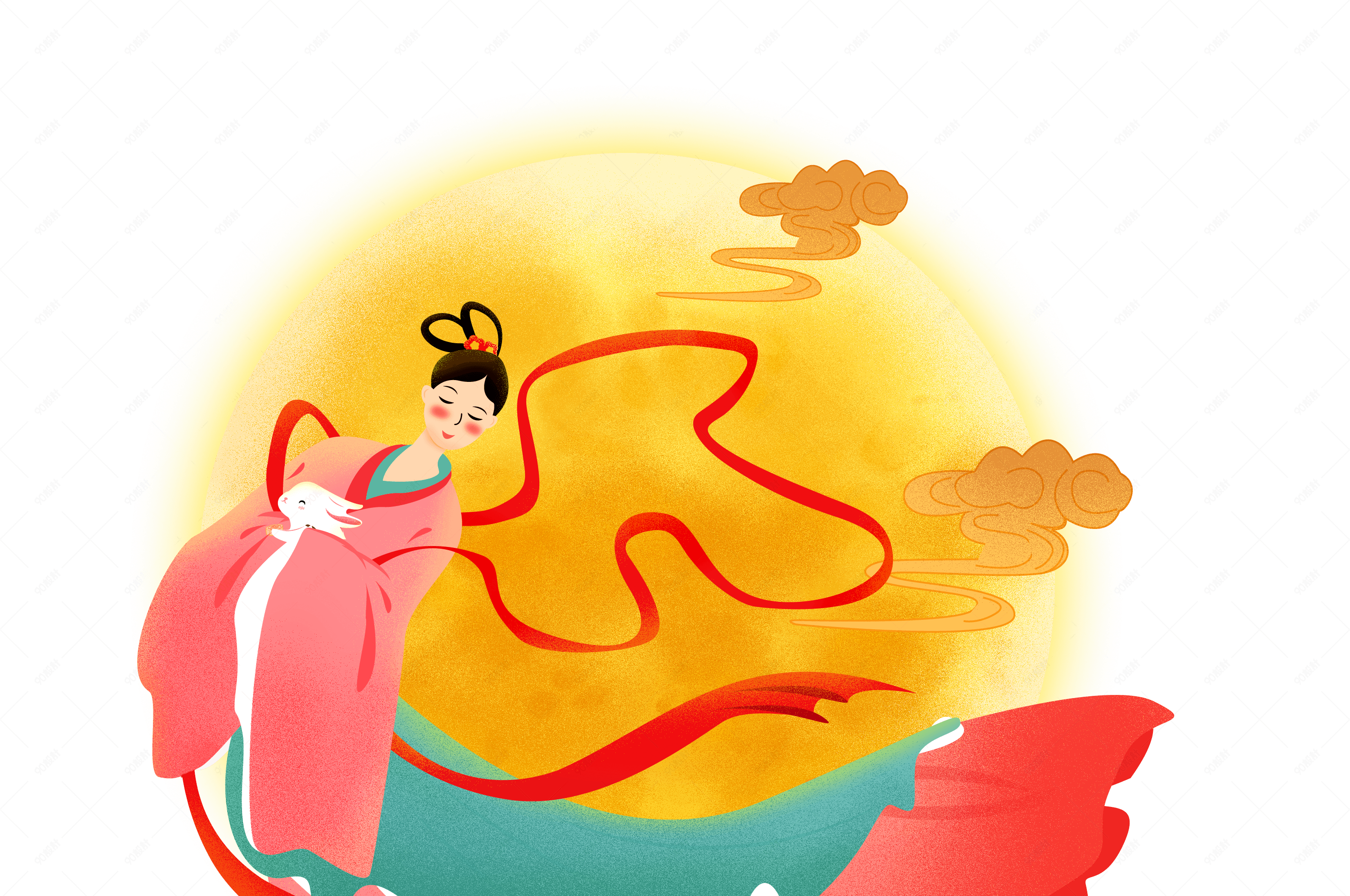 手绘中秋节嫦娥奔月嫦娥抱着白兔元素设计