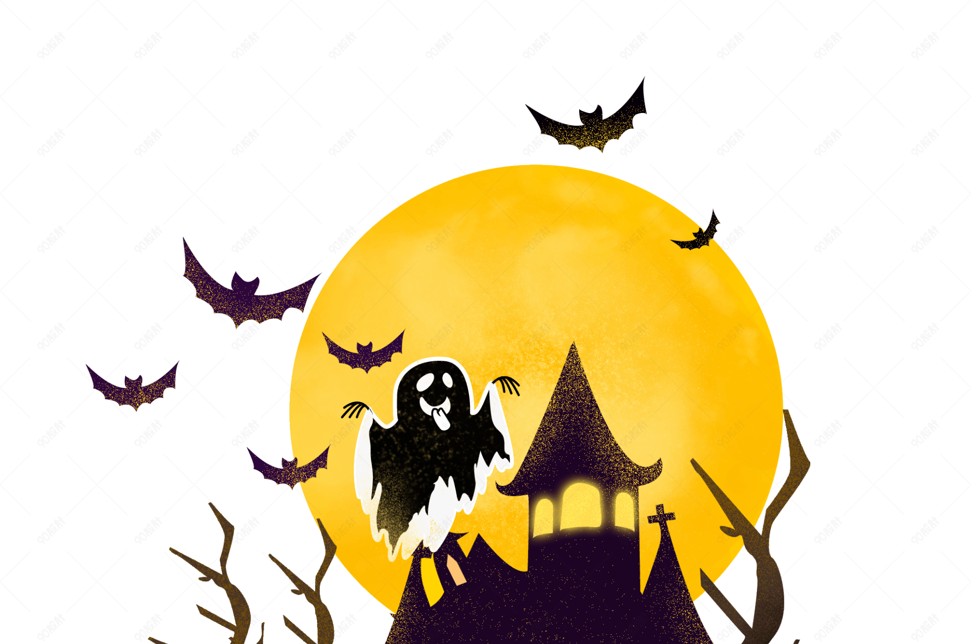 手绘万圣节鬼怪城堡蝙蝠枯树枝元素设计