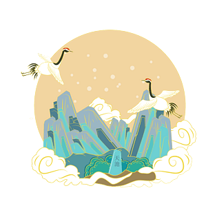 手绘国潮风天池景点元素设计