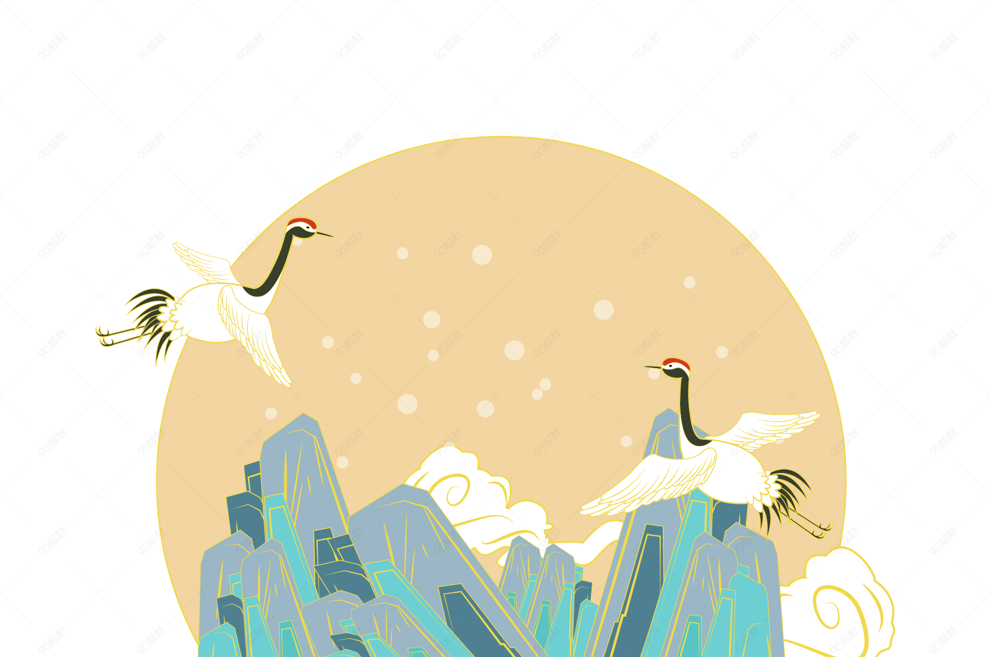 手绘国潮风天池景点元素设计