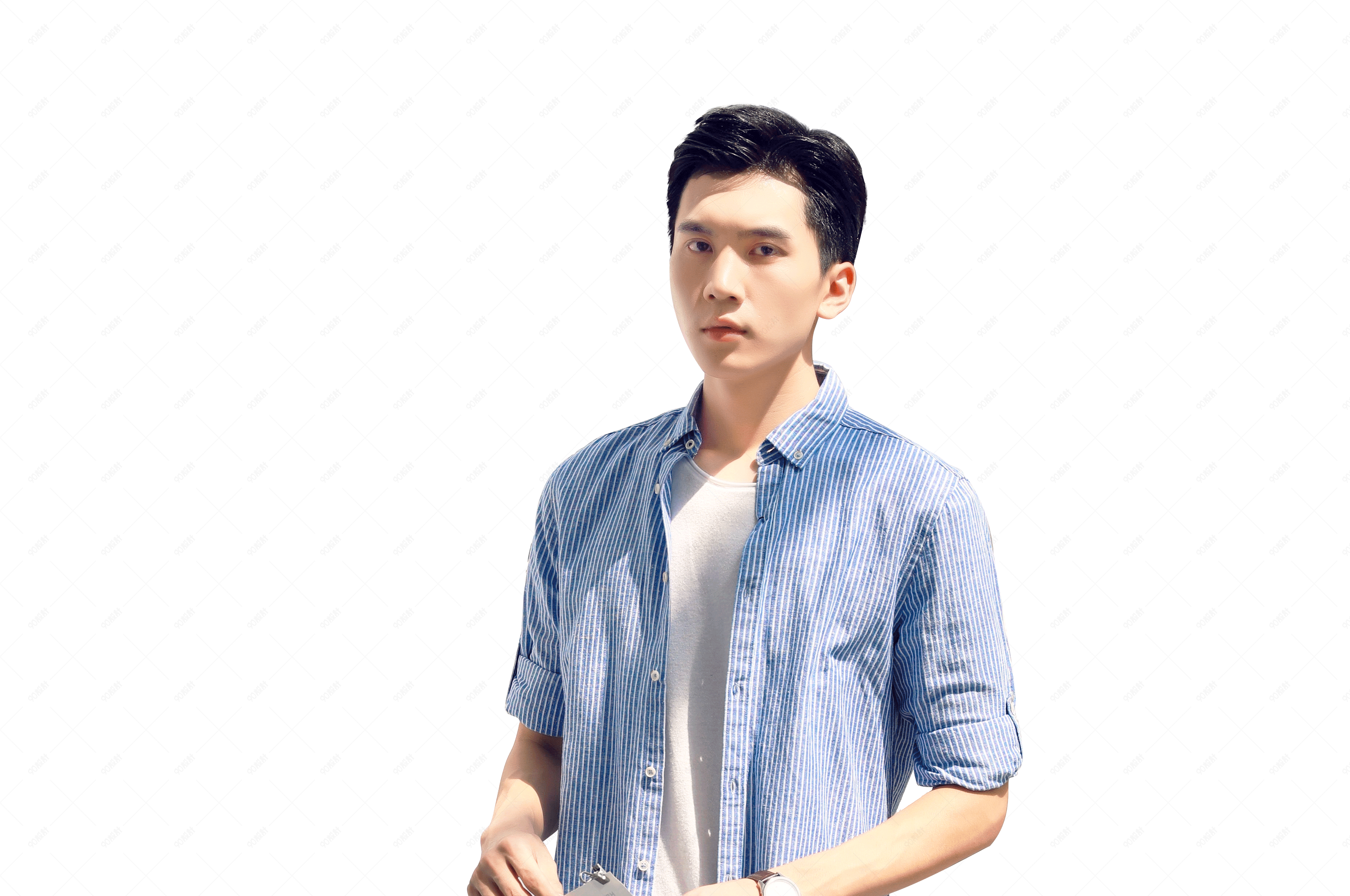 蓝色牛仔白短袖理工男帅气时尚男模特男生