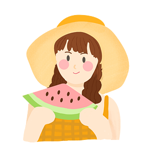 夏日卡通可爱吃西瓜小女孩