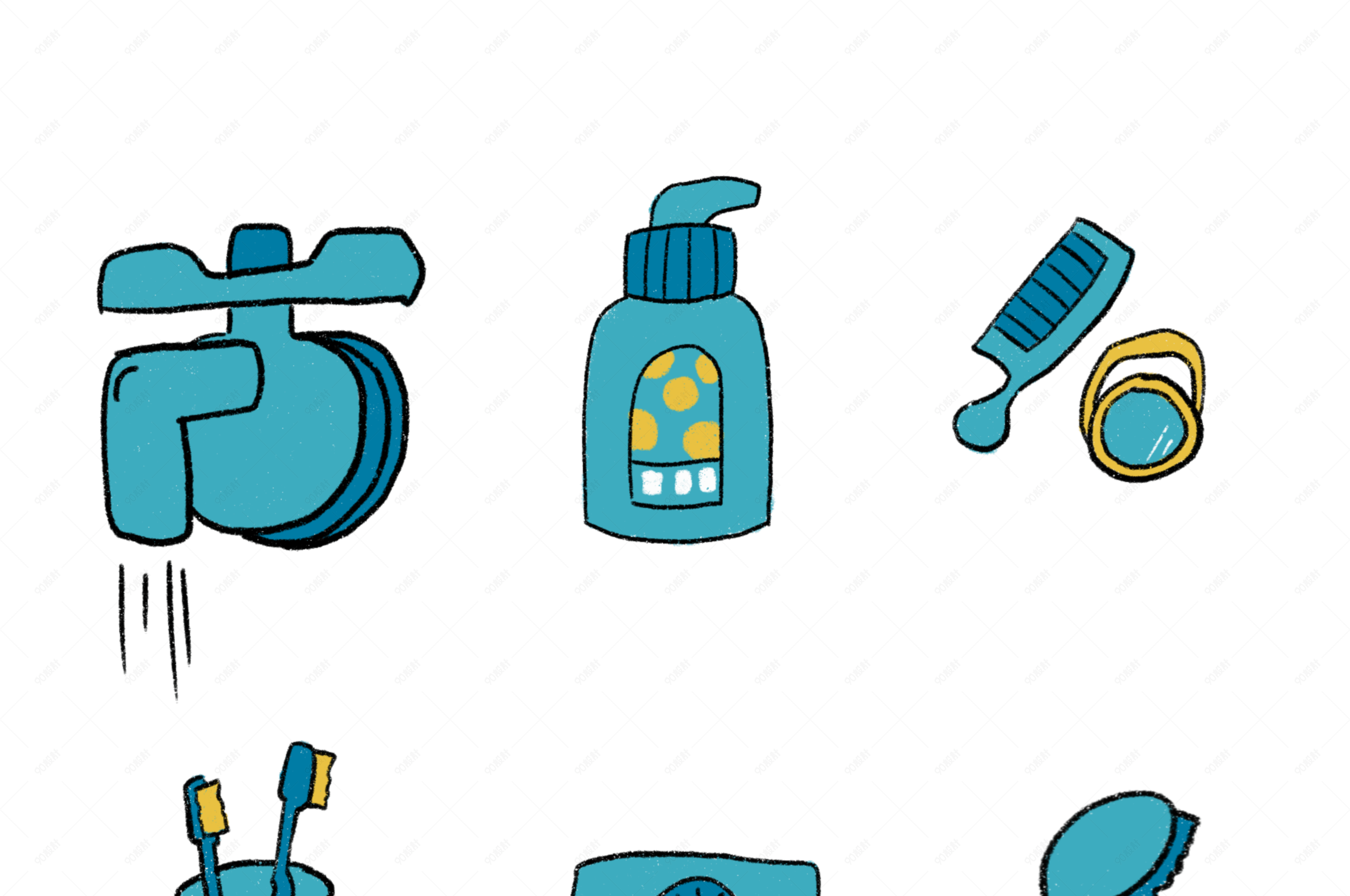 手绘绿色小清新洗漱用品插画图标免扣元素