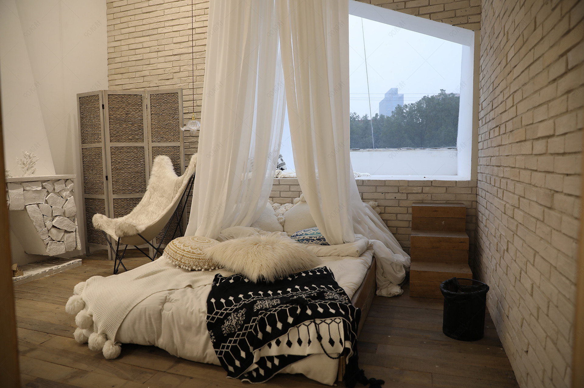 北欧风床品家纺卧室背景场景图