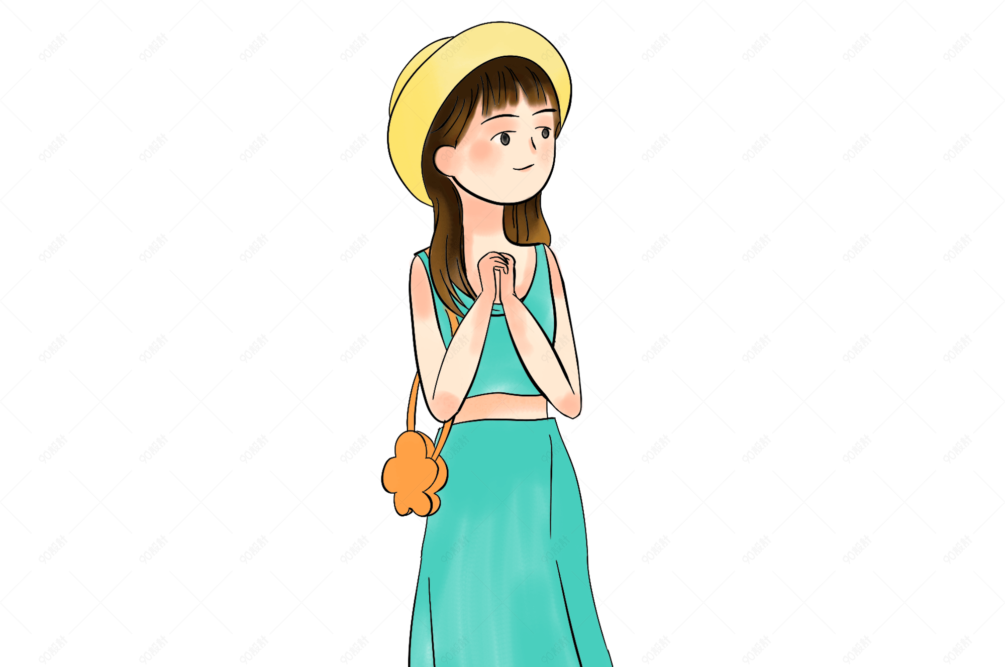 手绘小女孩小清新薄荷绿png