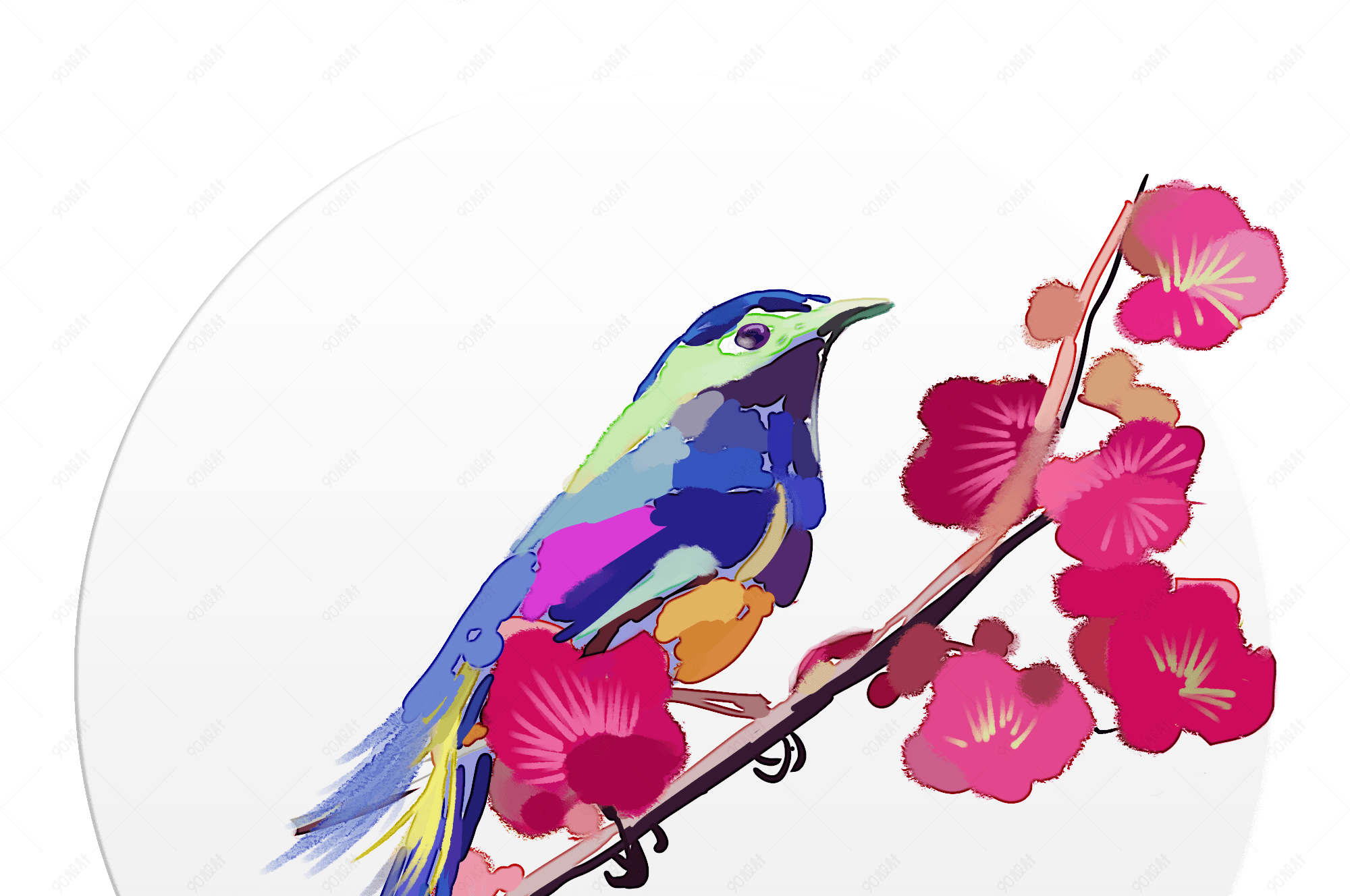春的气息多彩色系水彩风格喜鹊闹梅花元素