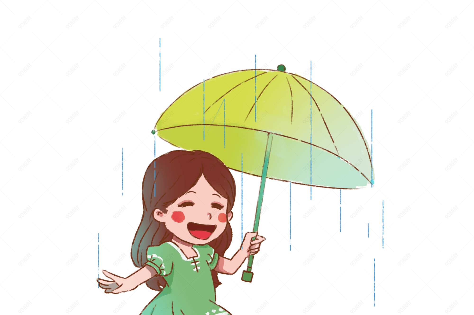 谷雨绿色手绘少女撑伞下雨png