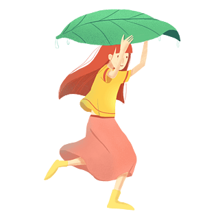 谷雨暖色扁平少女雨中奔跑png