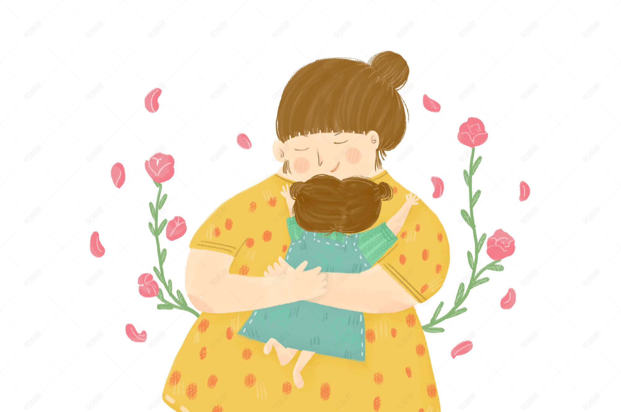 母亲节温馨抱着孩子手绘插画