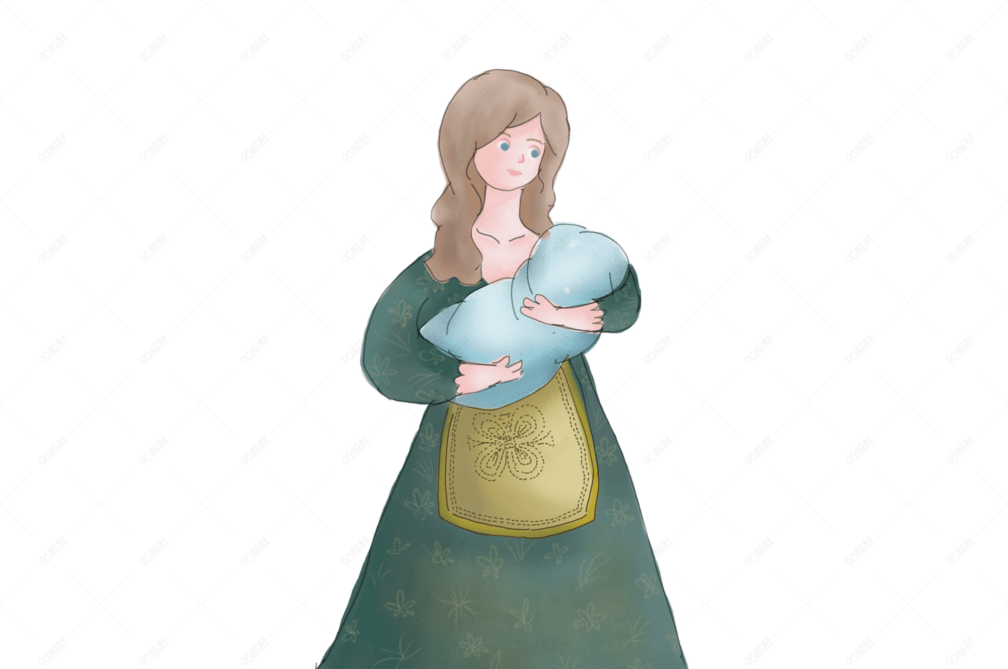 母亲节绿色复古连衣裙妈妈怀抱婴儿