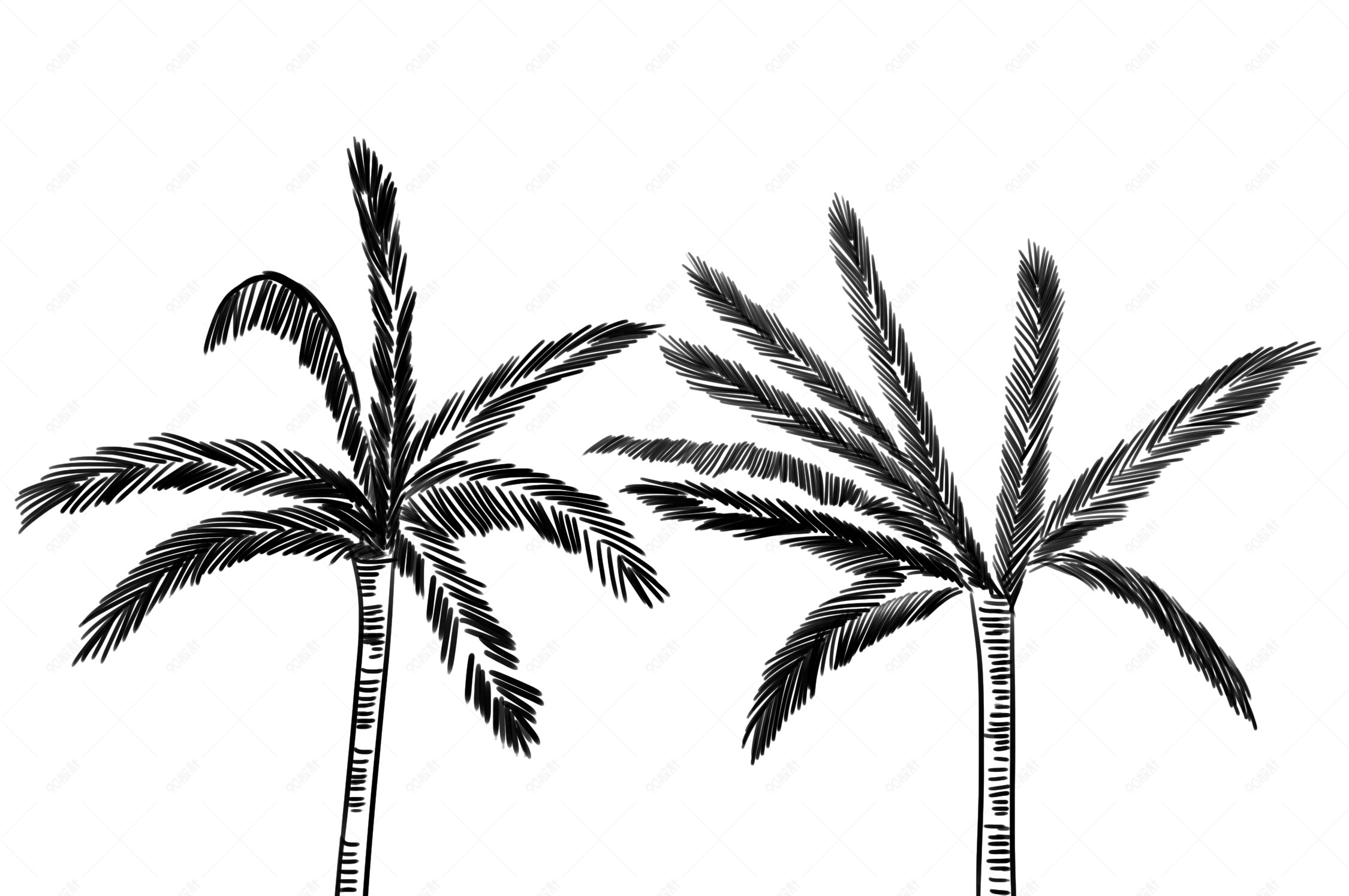 手绘黑白树木简笔画素材