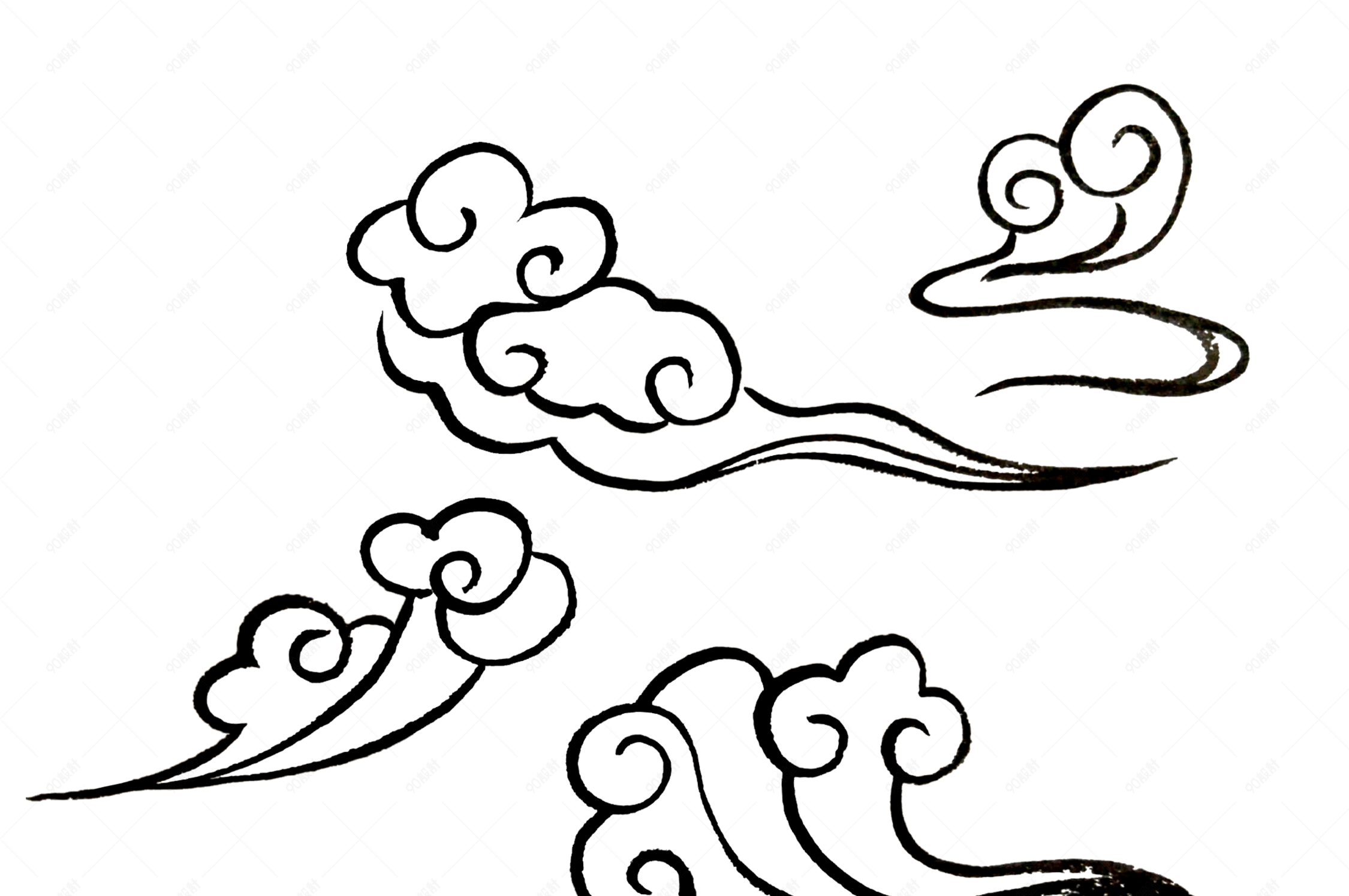 手绘黑白线条祥云素材