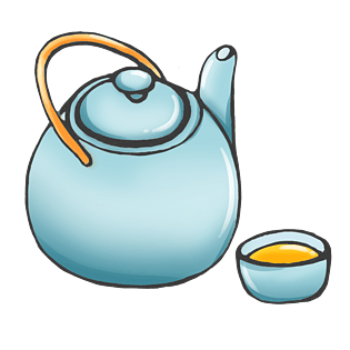 手绘卡通蓝色茶壶茶杯茶饮