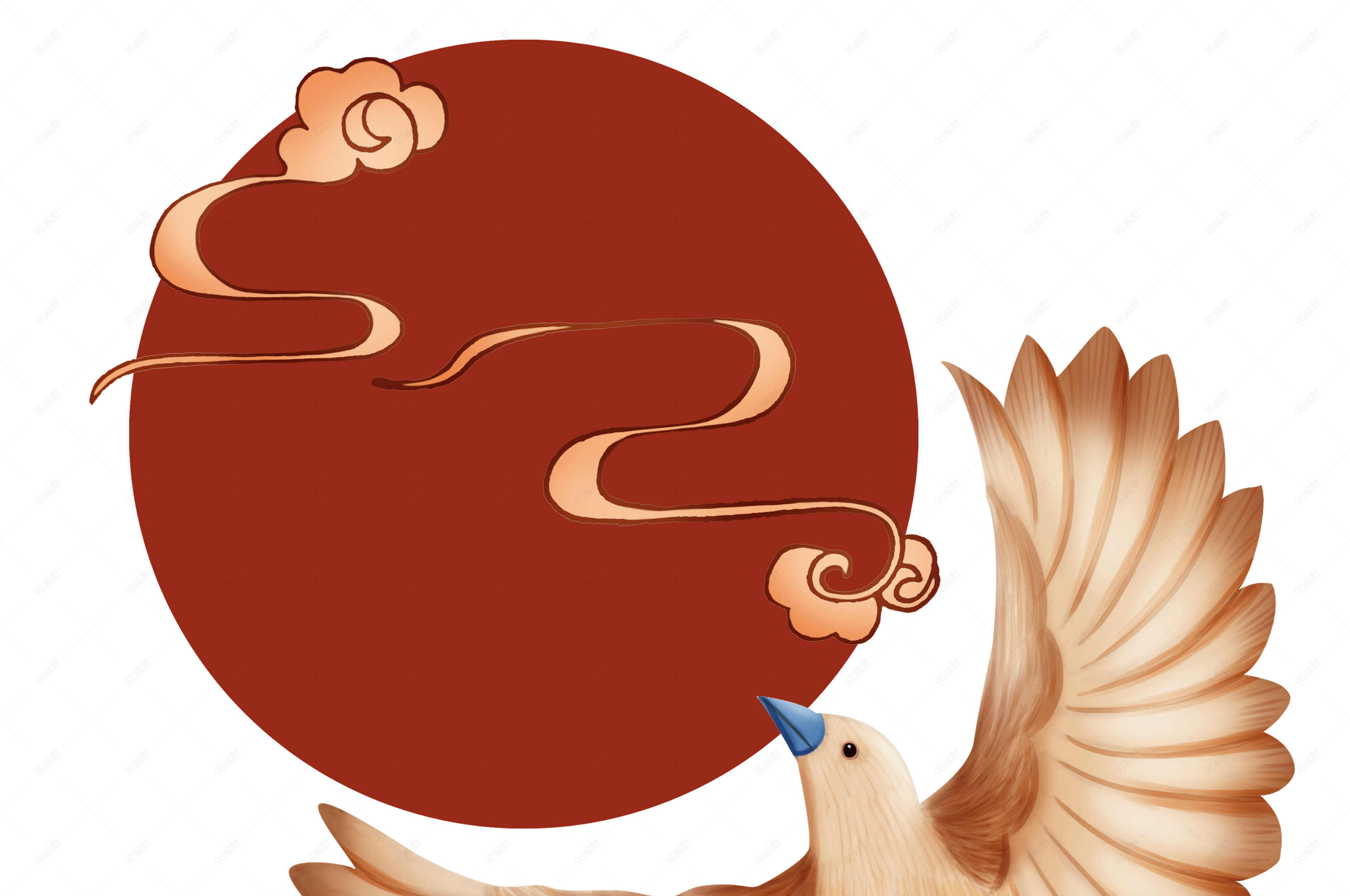 国潮风飞鸟红日烟云素材【免抠元素psd】-90设计网