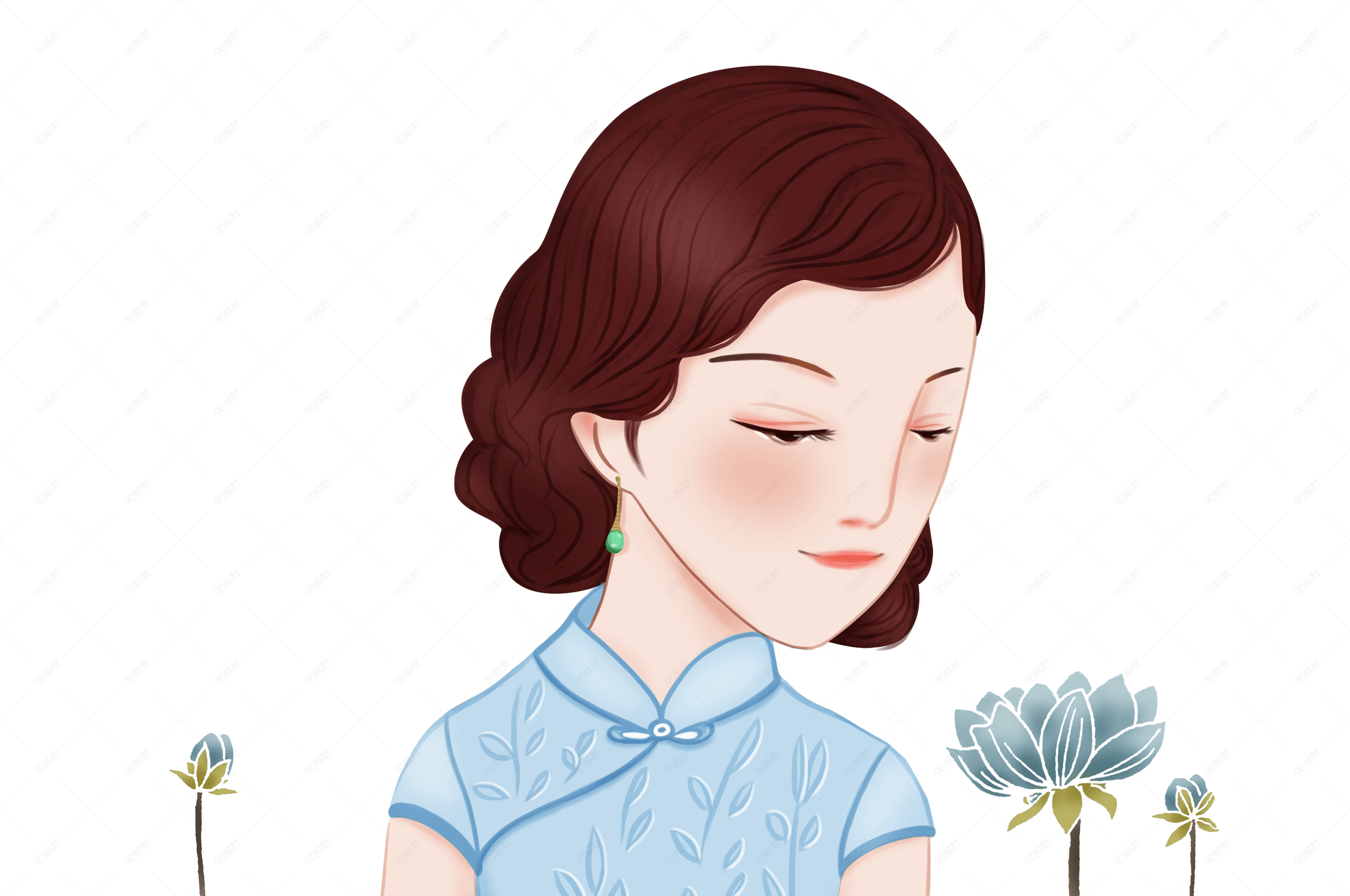 国潮风手绘穿旗袍的女孩装饰素材